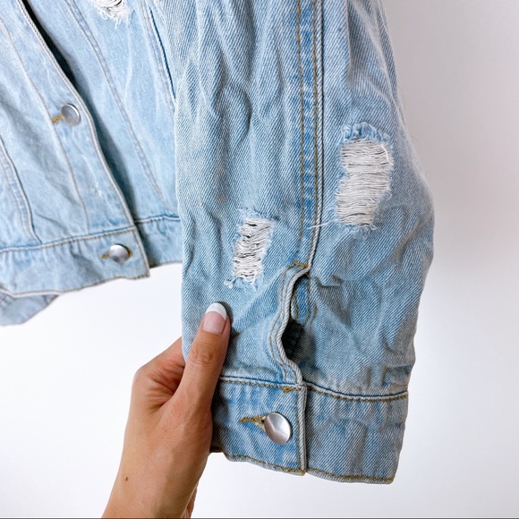 FOREVER 21 Retro Distressed Blue Denim Faux Pearls Jean Jacket S - Picture 9 of 10